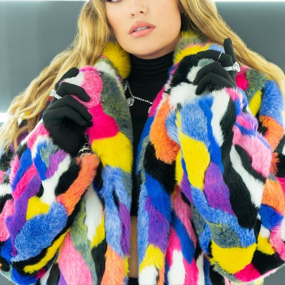 MATT SARAFA RAINBOW Faux Fur SILK Lined Coat NWOT, OG Length, Custom Made - Picture 9 of 16